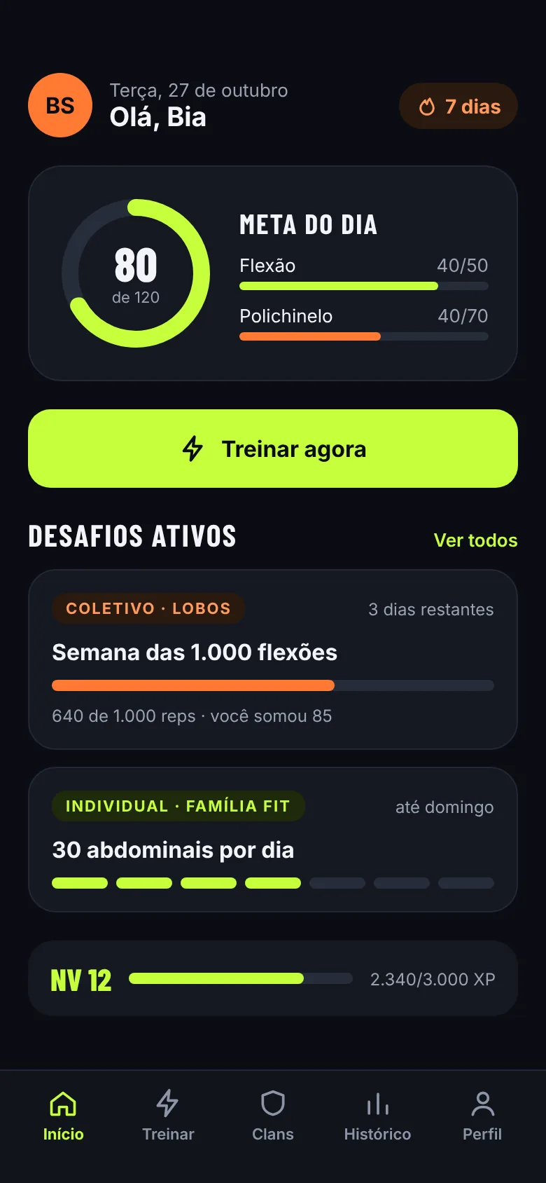 Tela do app: Início